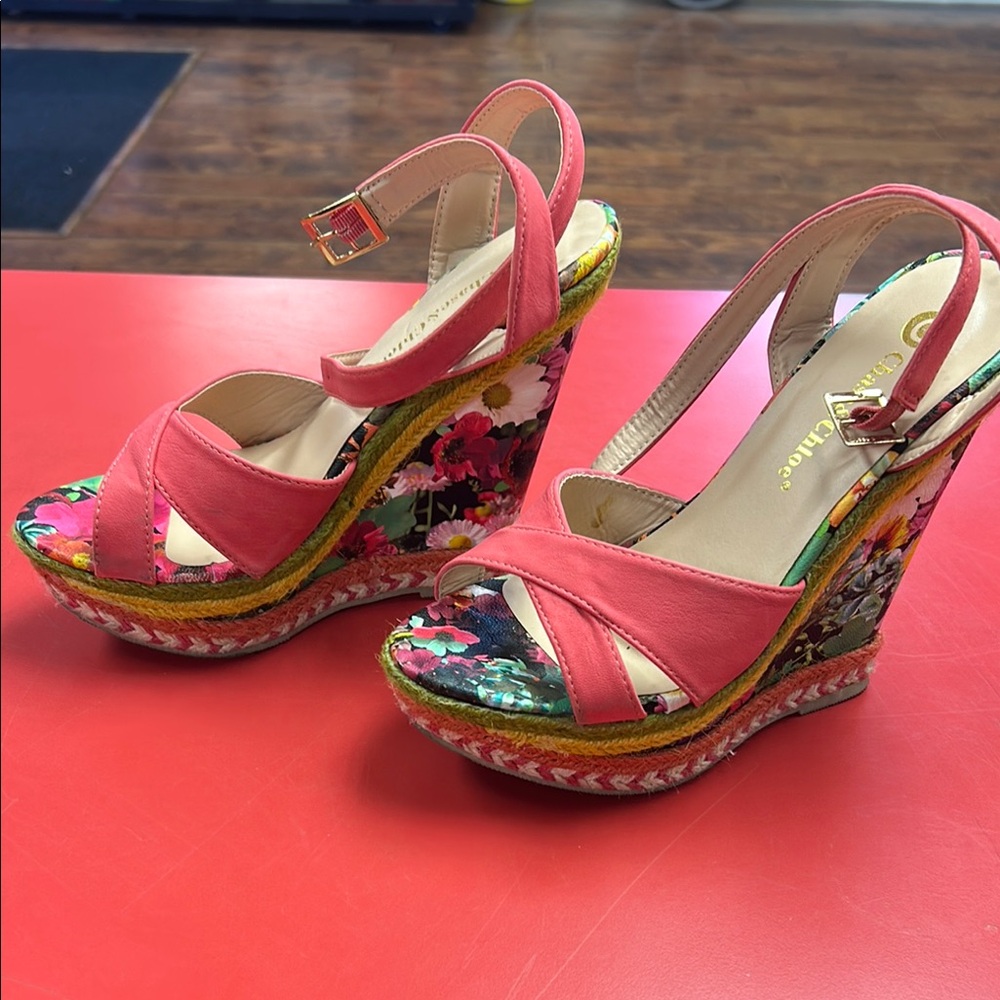 Pink Floral wedges. Salmon colored